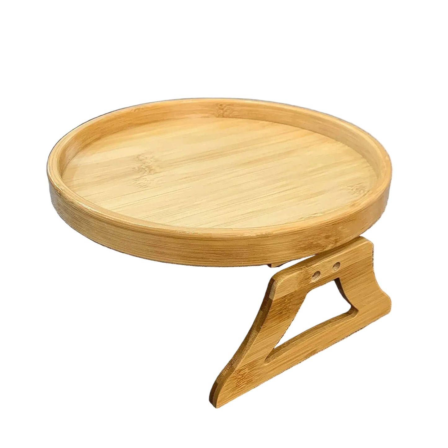 “Sofa Tray Table Armrest Clip-On Tray holding remote and phone”