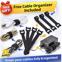 Smart plug bonus gift image showing free reusable cable organizer ties used to neatly hold charging cables and power cords