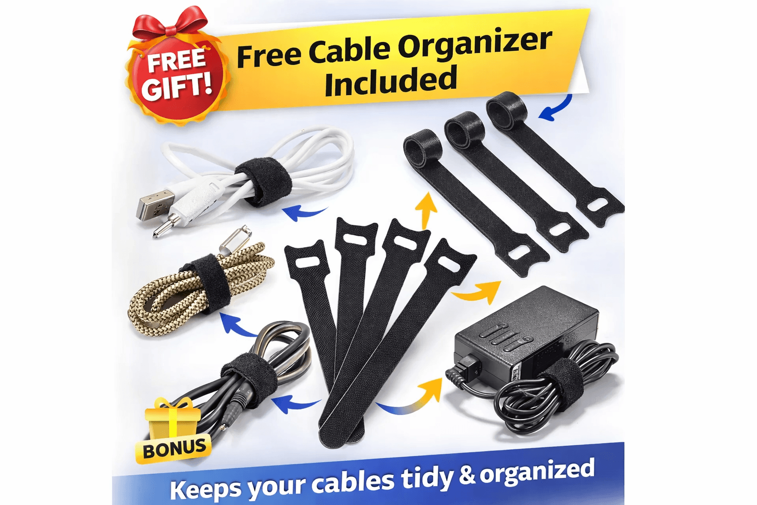 Smart plug bonus gift image showing free reusable cable organizer ties used to neatly hold charging cables and power cords