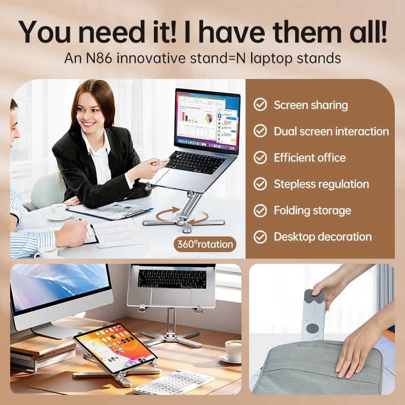 ""Foldable Laptop Stand 360° Rotation Aluminum Alloy Holder on office desk