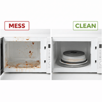 Before and after microwave cleaning comparison using a splatter cover to reduce mess