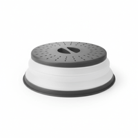 Collapsible microwave splatter cover in grey with steam vents and easy-lift handle