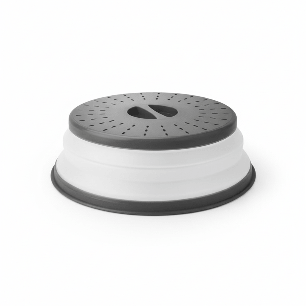 Collapsible microwave splatter cover in grey with steam vents and easy-lift handle