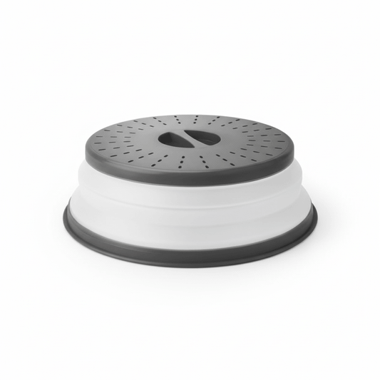 Collapsible microwave splatter cover in grey with steam vents and easy-lift handle
