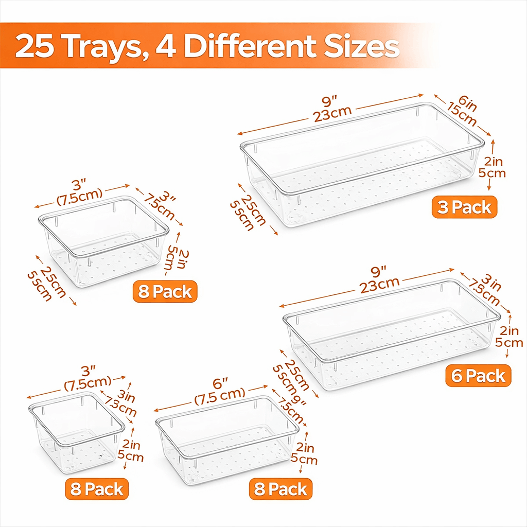 Clear drawer organizer trays in 4 size options for neat and customizable drawer storage