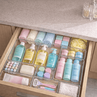 25-pack clear drawer organization tray set for organizing makeup, vanity items, stationery, and accessories