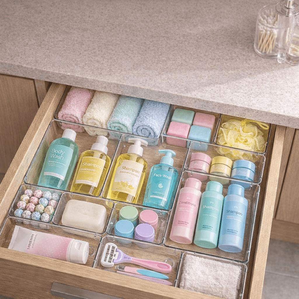 25-pack clear drawer organization tray set for organizing makeup, vanity items, stationery, and accessories