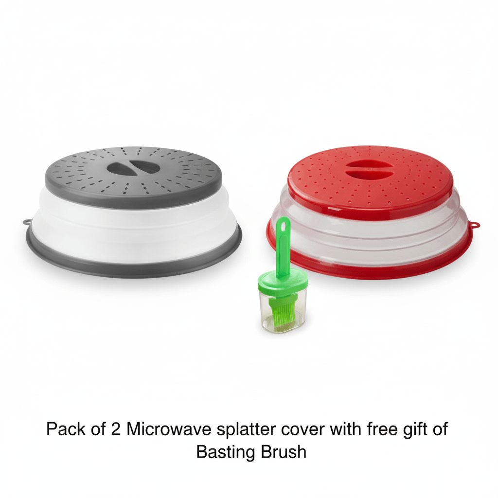 Microwave food cover lid protecting a plate of food from splatters during reheating