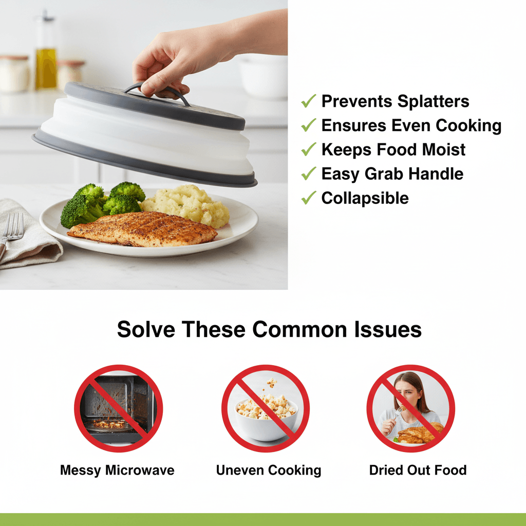 Foldable microwave splatter guard shown collapsed and expanded for space-saving storage
