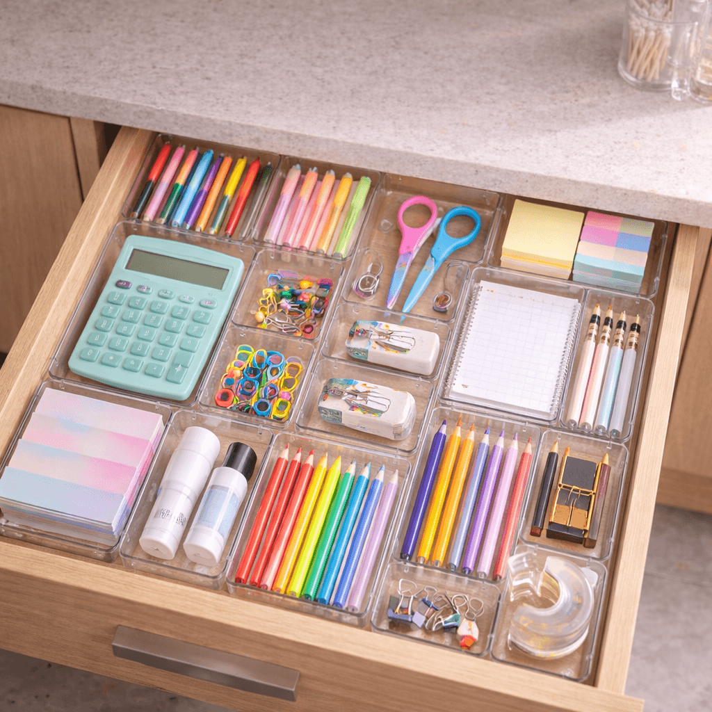 Multi-size clear organizer bins for drawers suitable for cosmetics, office supplies, and bathroom essentials