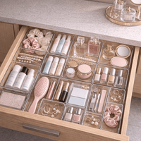 Plastic drawer organizer set showing tray dimensions and multiple sizes for home organization
