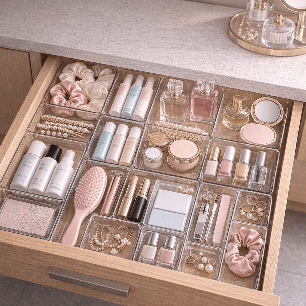 Plastic drawer organizer set showing tray dimensions and multiple sizes for home organization
