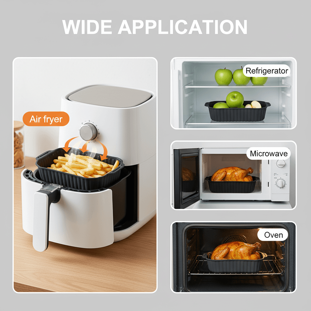 “square silicone air fryer liner ridged base non stick easy clean dishwasher safe”
