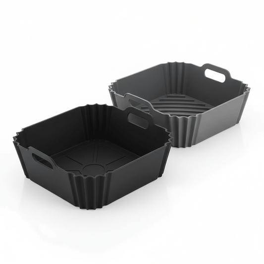 2 pack square silicone air fryer liner black and grey 22x21x6cm premium fit reusable basket insert UAE”